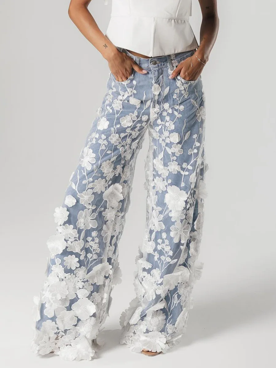 

American Style Lace Patchwork Wide Leg Jeans Versatile Niche Flower Decoration Eye-Catching Pants Autumn New Women's Clothing