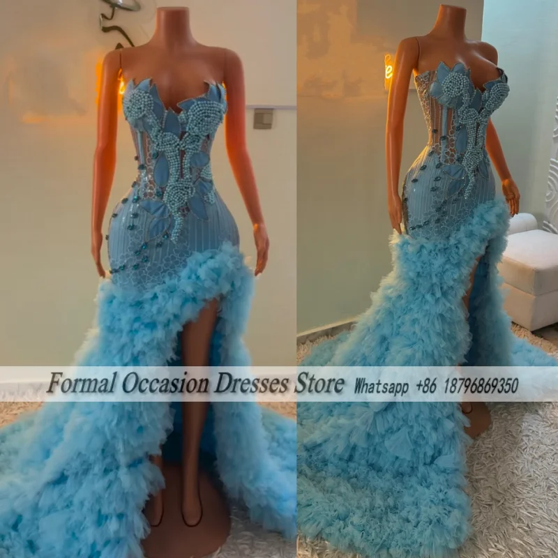 

Luxury Sky Blue Prom Dresses 2025 Pearls South African Matric Dance Crystal Party Dress Ruffles Mermaid Evening Gowns Customized