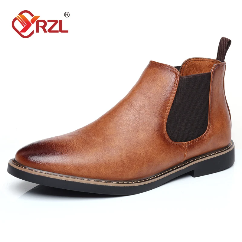 YRZL Men Boots 39~47 Chelsea Boots Brand Retro Comfortable PU Leather Waterproof Ankle Boots 2024 Fashion Black Brown Mens Boot