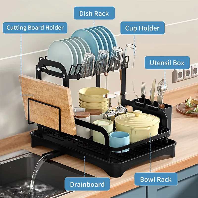 New 360° multifunctional tableware storage rack rotating storage rack double-layer kitchen tableware drying rack with drain