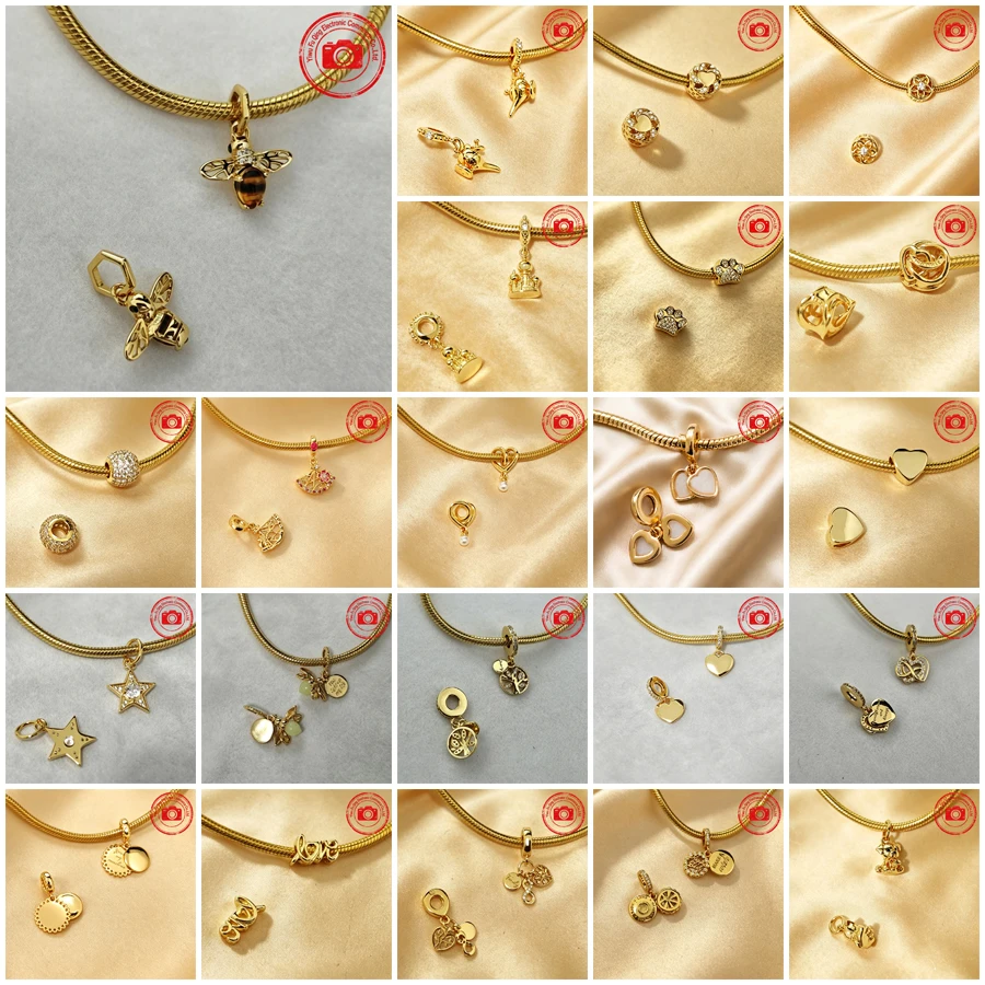 Original Gold Plated Charm Castle Sparkling Family Tree Lemon Pendant Handwritten Love Heart Beads Fit Bracelet DIY Jewelry Gift