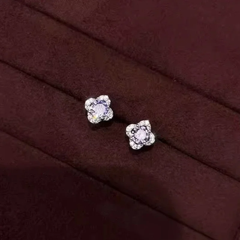 

Real 925 Sterling Silver Mini Zircon Sparkling Clover Leaves Stud Earrings for Women Cute Fine Jewelry Plant Accessories