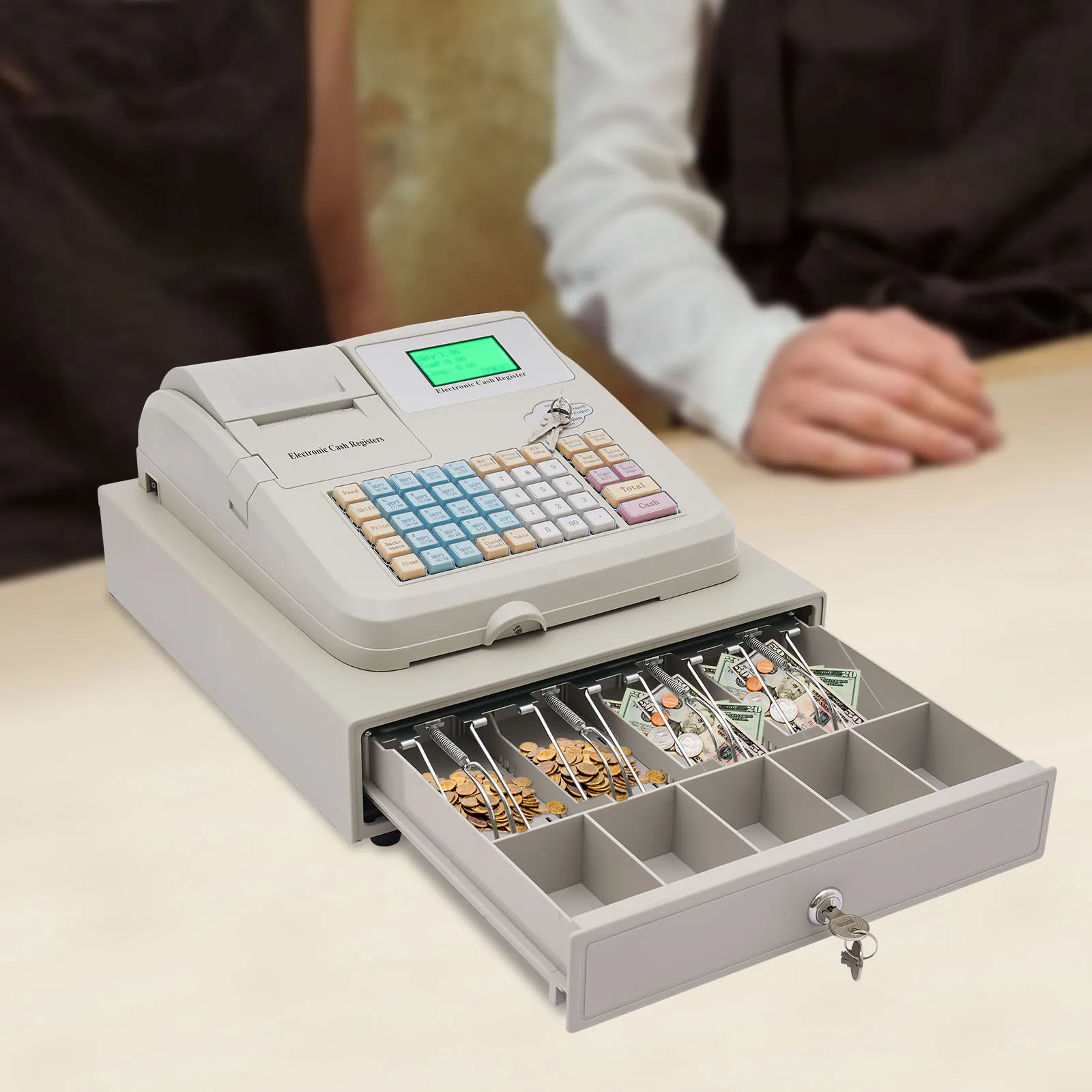 

48-Keys Electronic Cash Register with Drawer Box Intelligent Cash Register Computer Digital LED Display POS Cashier