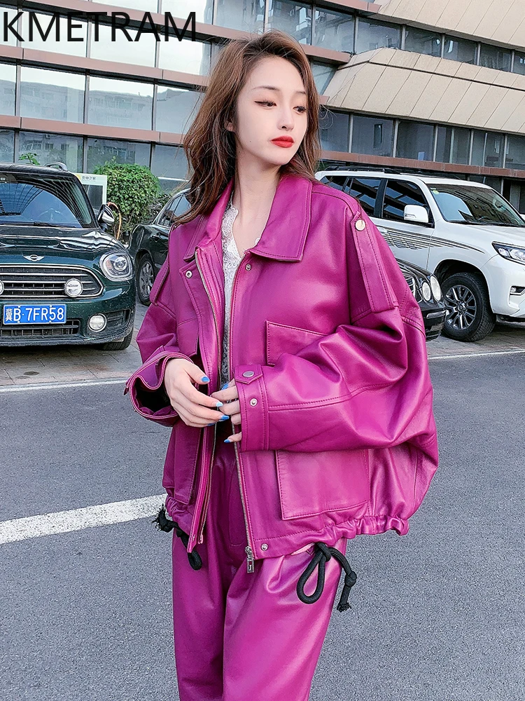 100 % obere Schicht aus Schaffelljacke für Damen, Fledermausärmel, echte Lederjacken für Damen, lose Mäntel, Herbstkleidung, 2025 Pinterбка