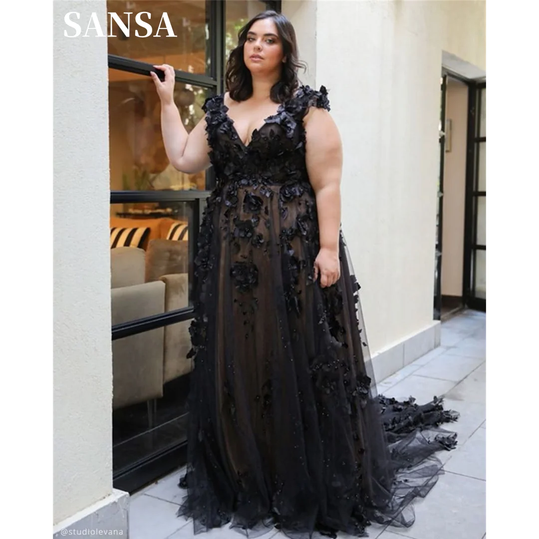 Sansa Gothic Black Plus Size A-line Wedding Dress 3D Flower Lace Tulle Vestidos De Novia Romantic Flower Train Robe De Mariée