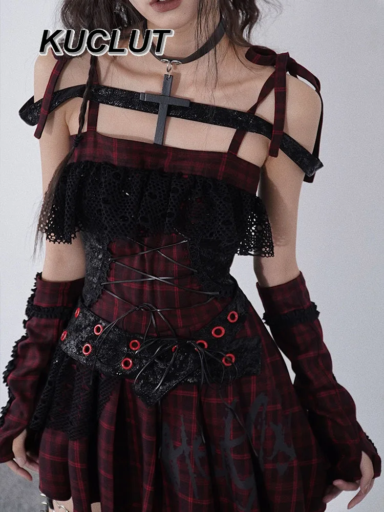 2025 New Summer Ladies Y2k Dress Vintage Casual Elegant Punk Style Suspender Red and Black Plaid Women's Short Dresses