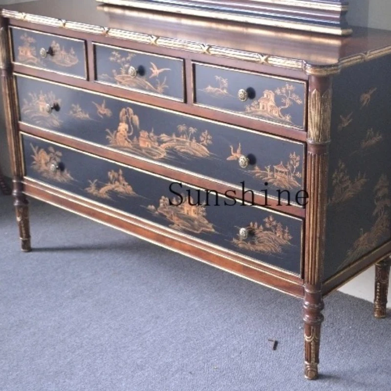 

French classical black background gold paint hand-painted sticker, veneer countertop, two sides of the entrance cabinet