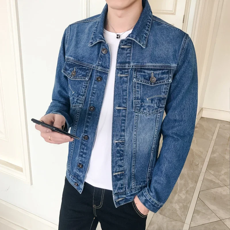 

Men Clothing Blue Denim Jacket Korea New Autumn Spring Fashion Slim Skinny Coat Male Casual Cowboy Jacket Plus Size M-5XL