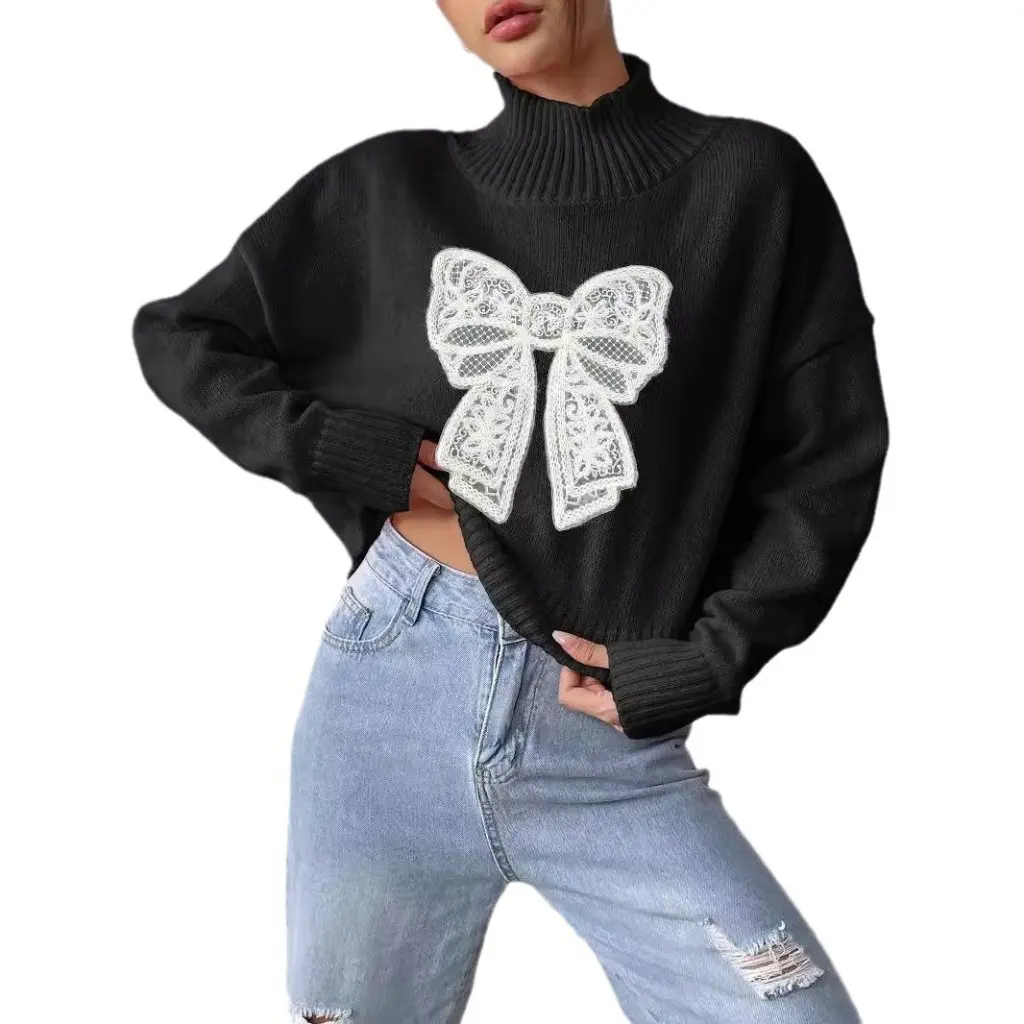 

Women's Short Turtleneck Sweater European American Style Bow Embroidered Padded Stitching Base Shirt