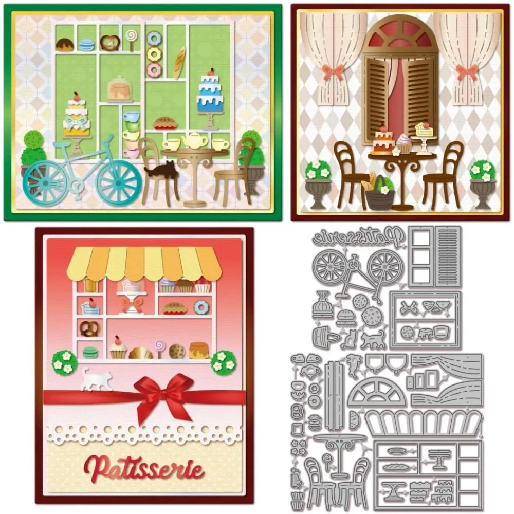 Bakery Shop Cutting Dies for DIY Scrapbooking Metal Patisserie Bike Tables Chairs Cut Dies Cat Die Cuts for Card Making