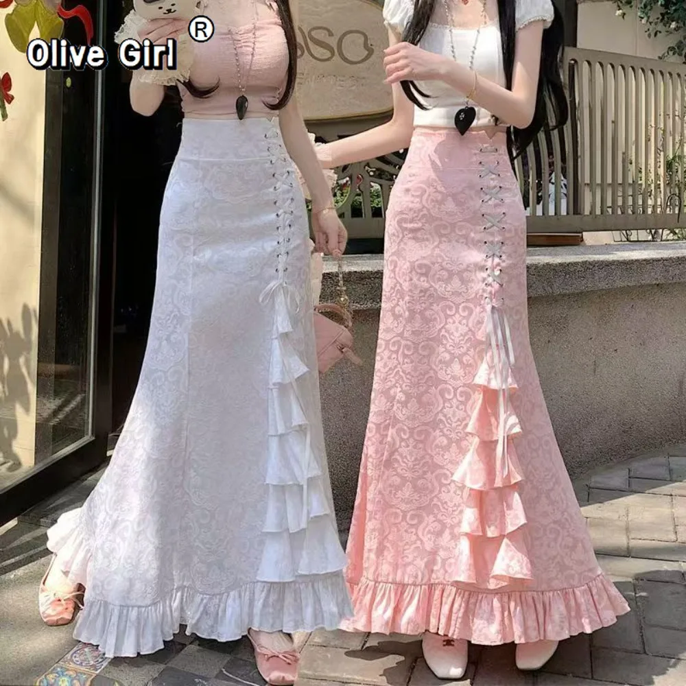 

French Style Short Skirt Pink Light Luxury Lace Up Printed Fish Tail Skirt Women Spring Autumn Summer Sweet High Waist Lace
