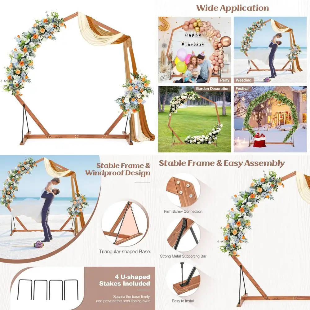 

Хепмиугольная деревянная свадебная арка с треугольным основанием и 4 U-образными кольями для внутреннего и наружного использования.