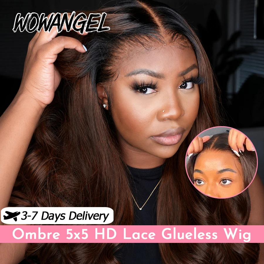 WOWANGEL Body Wave Echthaar-Perücke Ombre Braun 5x5 HD Lace Closure Perücke für schwarze Frauen, vorgezupfte, kleberlose Perücken, brasilianisches Haar