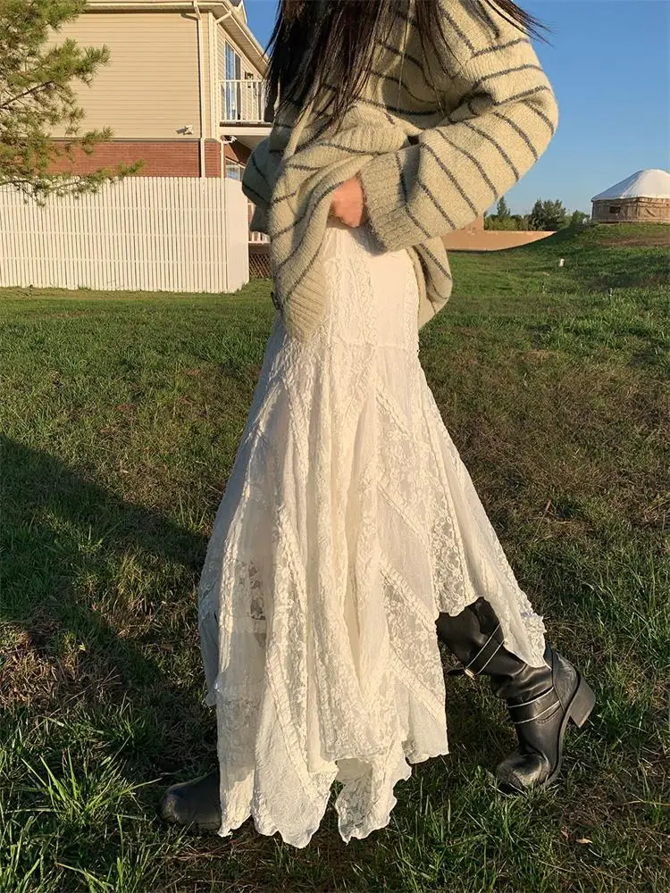 

Белая асимметричная юбка А-силуэта с кружевом, женская, весенне-осенняя, длинная, свободного кроя, в корейском стиле, с высокой талией, эластичная