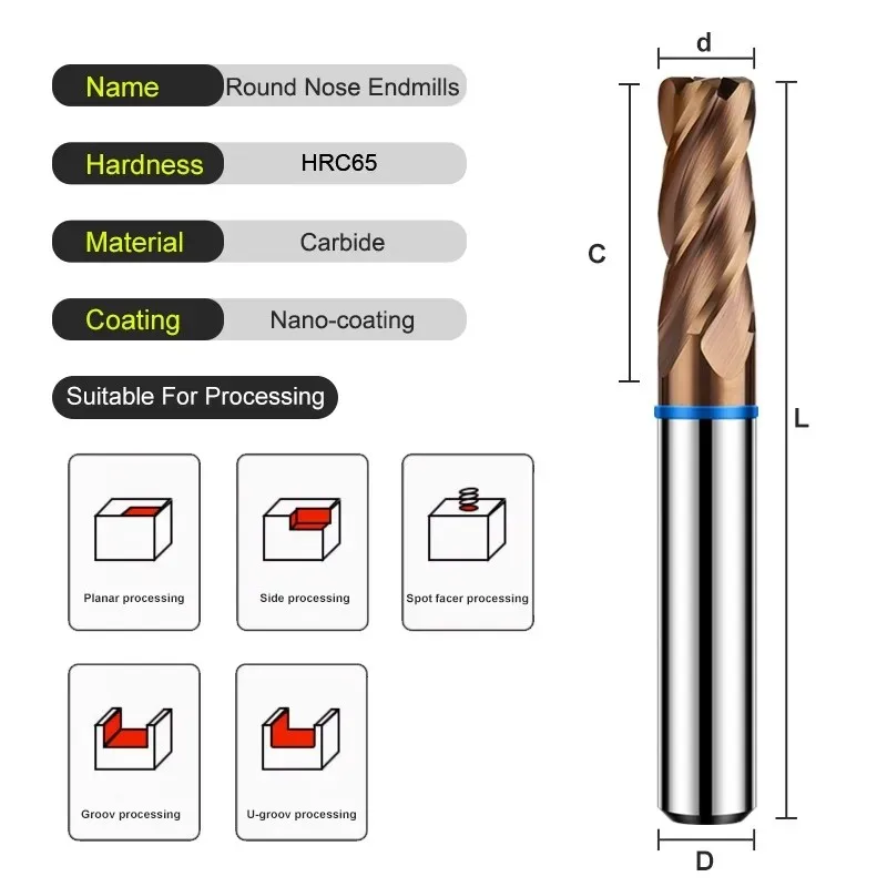 AZZKOR 4F Endmills Color-Ring Coating Tungsten Steel Carbide Round Nose Milling Cutter For CNC Mechanical TGB-HRC65 Bronze