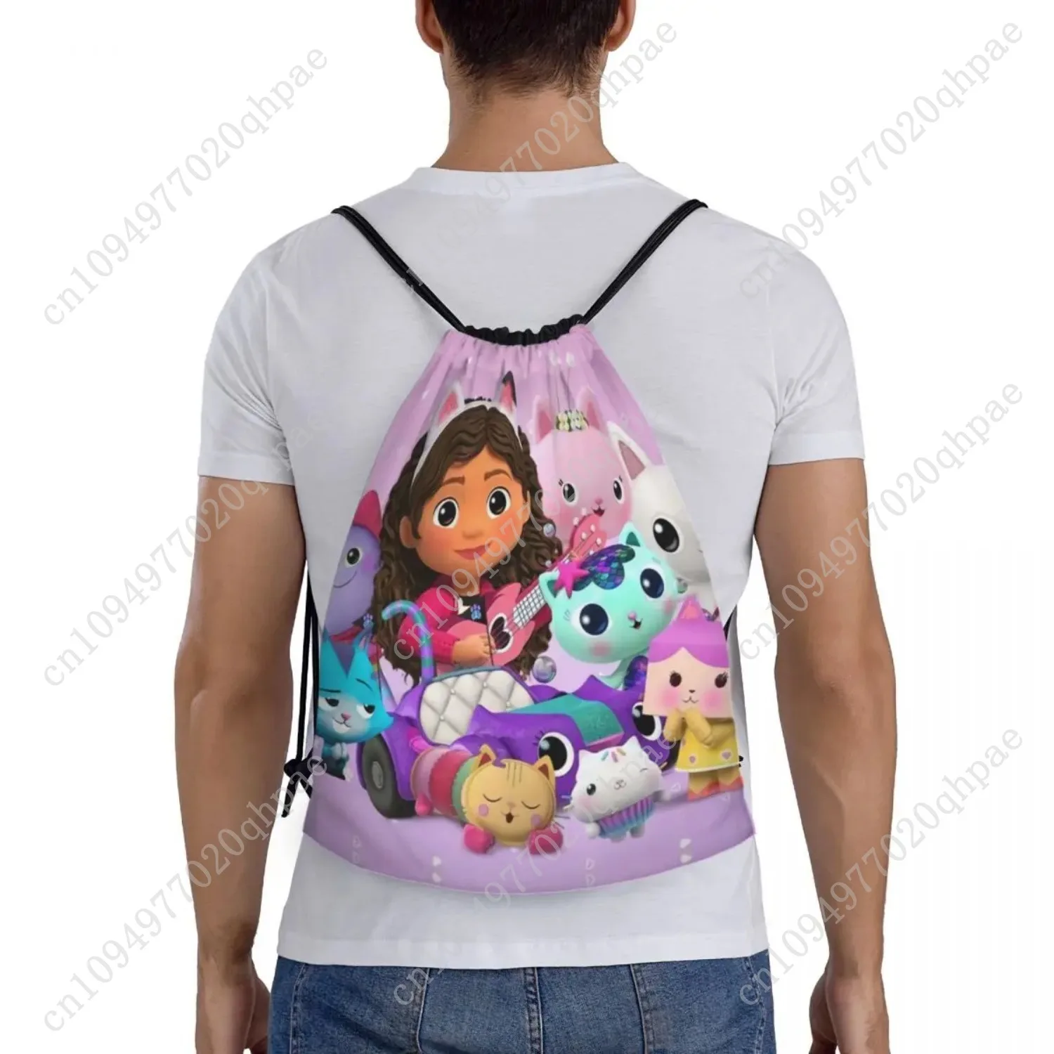 Personalizado dos desenhos animados gabbys dollhouse cordão mochila sacos dos homens leve gabby mercat ginásio esportes sacos para treinamento