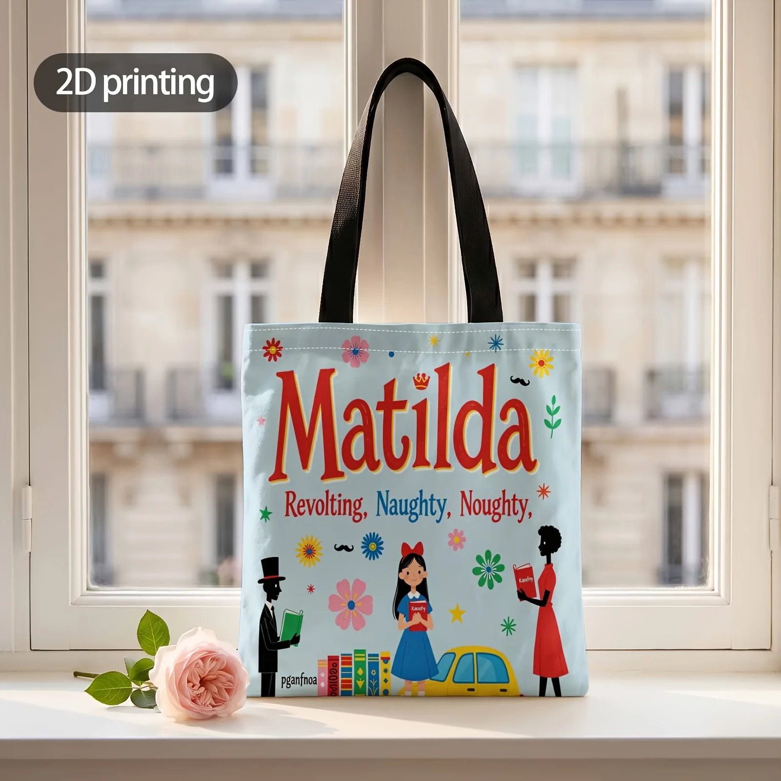 1pc 2D Printed Handbag with Matilda Reads Books Pattern, Reusable Fashion Shoulder Bag Handbag Shopping Tote Bag Suitable for Sh