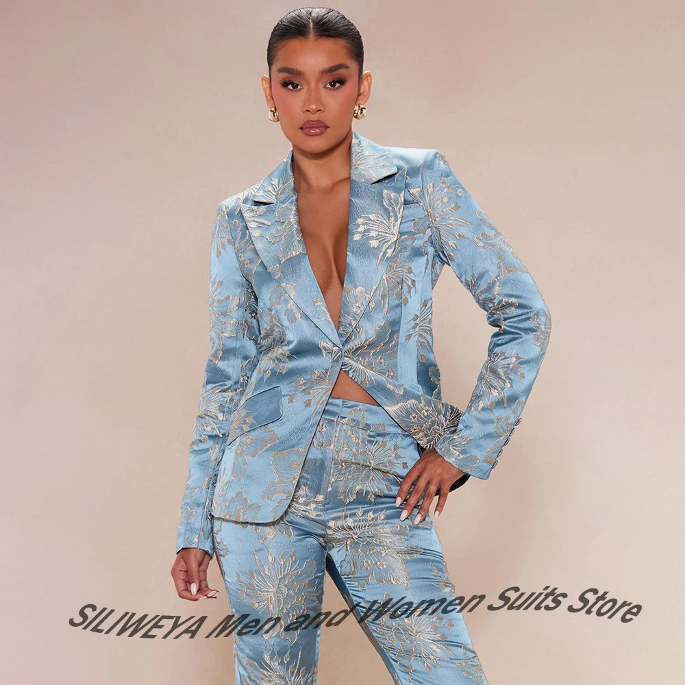 Luxury Women's Light Blue Embossed Satin Suit 2Piece Set Single Button Peaked Lapel Female Blazer Slim Fit Evening Party Wear