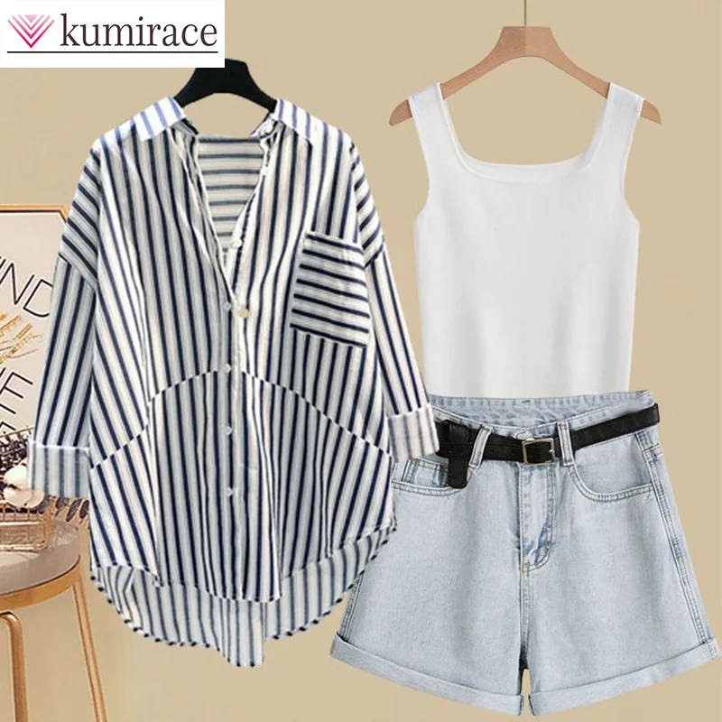 

Spring/Summer Set Women's 2024 New Large Women's Striped Shirt Tank Top Slim Denim Shorts 3-piece Set Women Outfit Short Sets