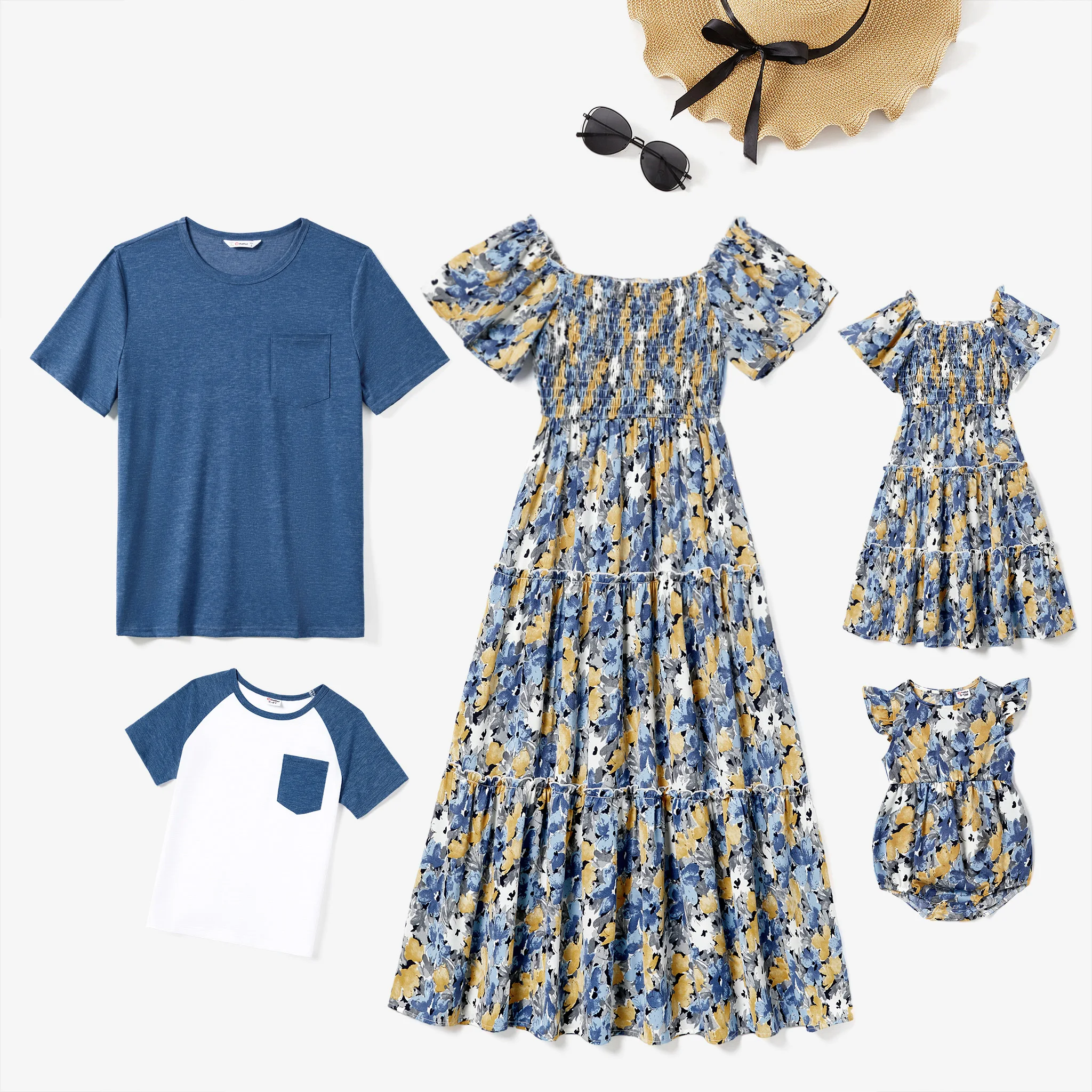 PatPat Family Matching Solid Color Blue Raglan Sleeve T-Shirt and Floral Shirred Tiered Dresses Sets