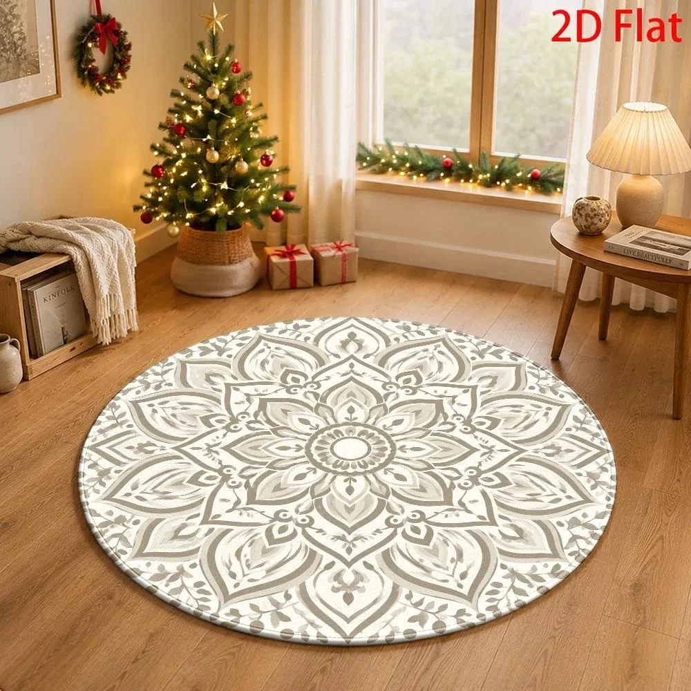 Light Grey White Mandala Round Area Rug Delicate Bohemian Floral Ornament Pattern Floor Mat Carpet for  Interior Decoration
