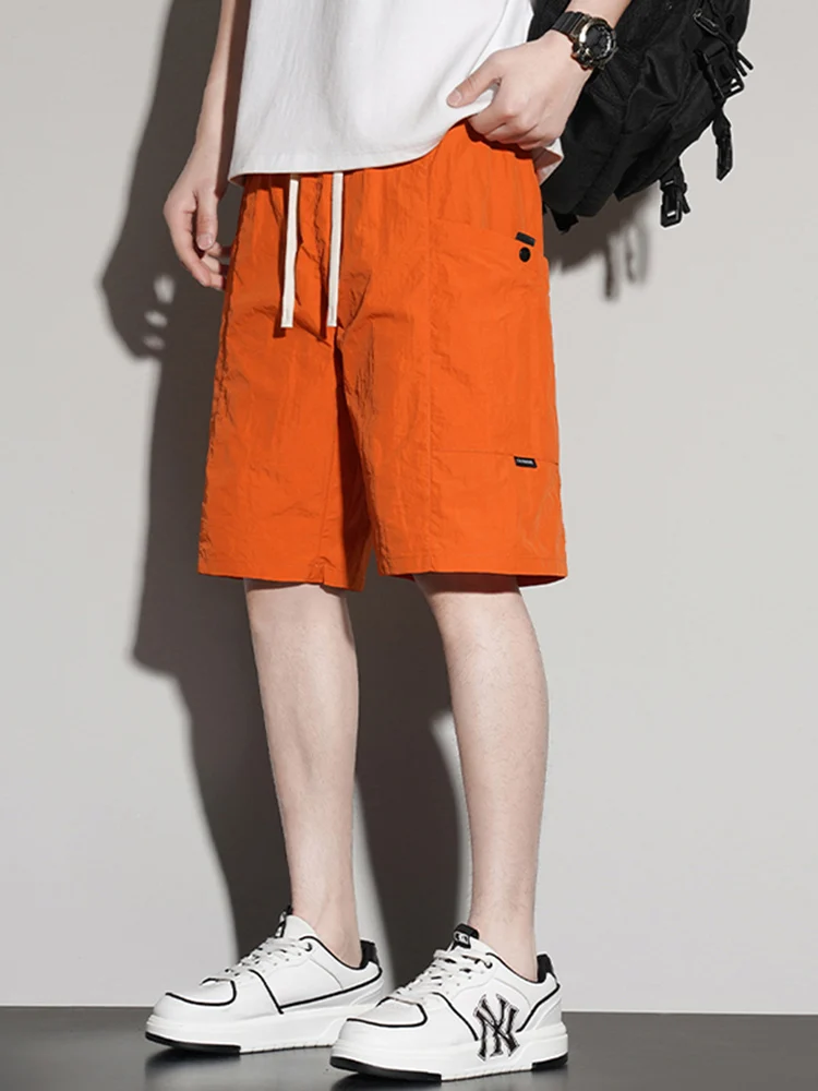 Men Summer Outside Leisure Orange Shorts Ice Silk Multi Pockets Shorts Men Drawstring Quick Drying Youth Popular Sweatpants