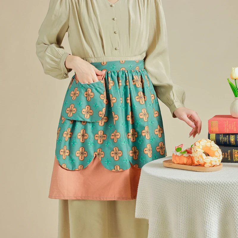 Retro Flower Short Half Waist Apron Kitchen Cooking Apron Bib Maid Costume Women Waitress Home Kitchen Restaurant Waiter Apron