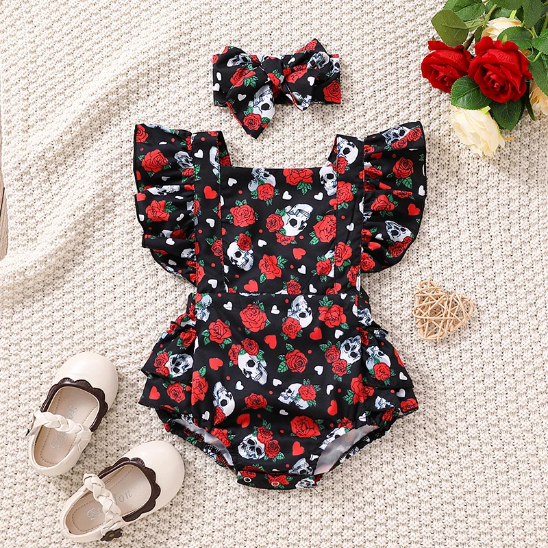 Summer Newborn Baby Rose Skull Sweetheart Flying Sleeves Triangle Romper Jumpsuit