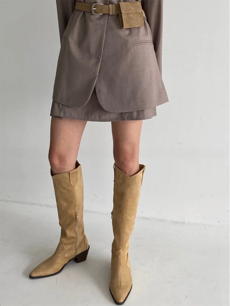 

Mooreyu Western Sle Women's Booties Pointed Toe High Tube Retro Briti Sle Thi Heel Knight Boots for Young Women