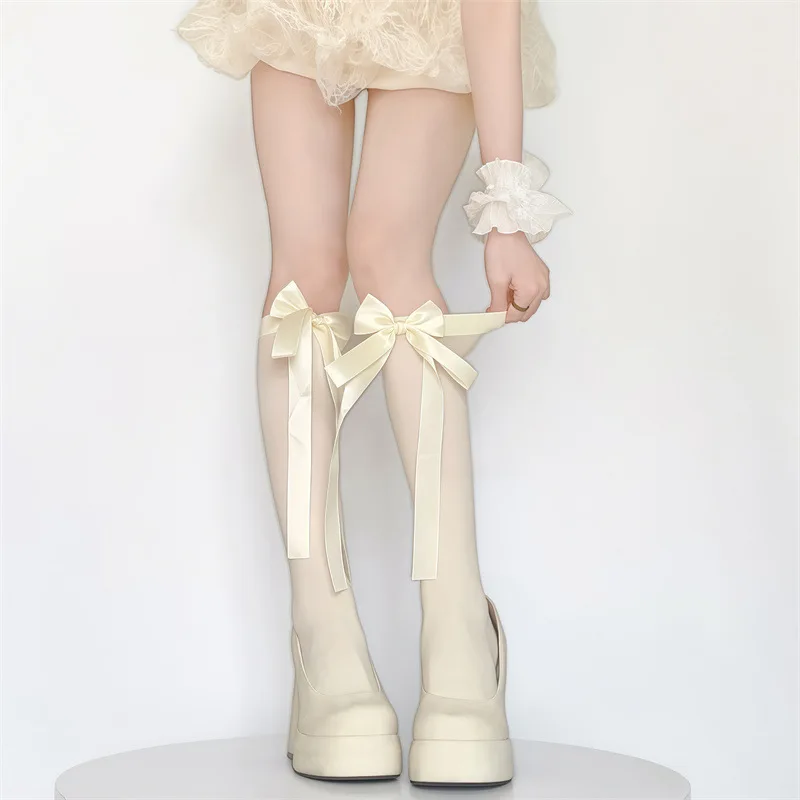 

Y2K Youth Bow-Decorated Calf Socks Silky Thin High-Elastic Three-Color Lolita Personalized Cosplay Mid-Tube Socks
