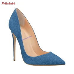 Blue Denim Pointed Toe Shallow Pumps Slip-on Thin High Heels Women Shoes Office Stilettos 2024 New Arrivals Luxury Design