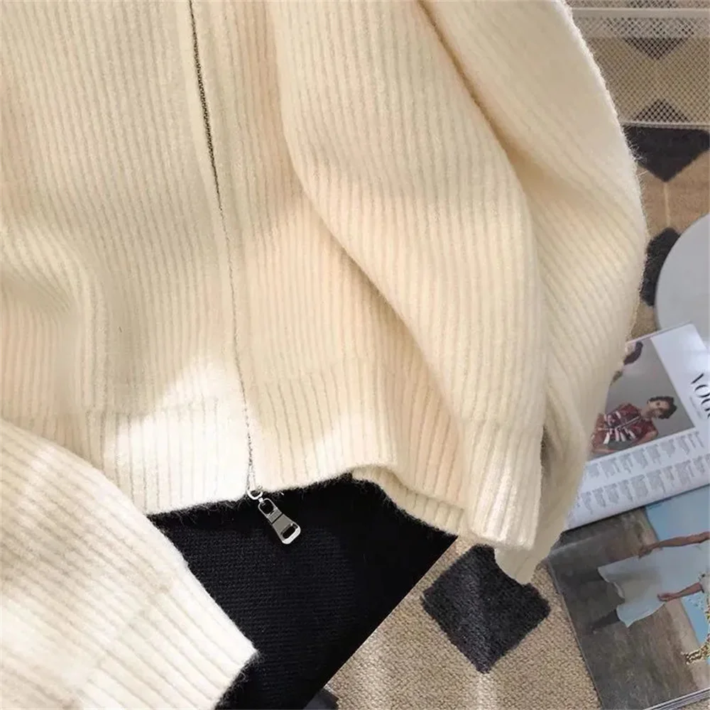 Double Zipper Vintage Flip Collar Women Harajuku Autumn Winter Knitted Cardigan Sweater Jacket Student Korean Version Ladies Top