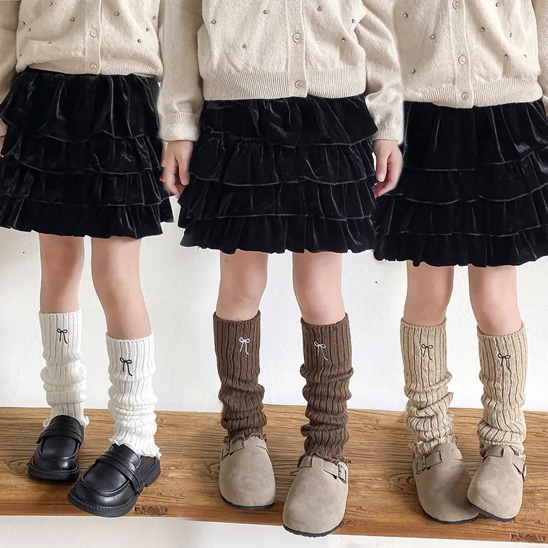 Children Leg Warmers Embroidered Bow Ankle Socks Korean Style Solid Color Autumn/Winter Retro Knitted Wool Warm Foot Covers New