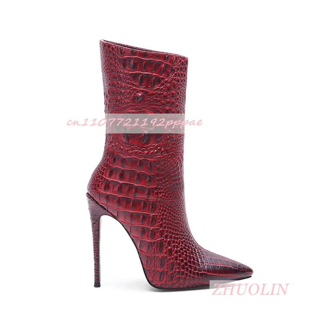 

Женские зимние ботильоны без шнуровки с красным крокодиловым узором, осенние ботильоны больших размеров на шпильке, ботинки для вечеринок с Т-образным вырезом