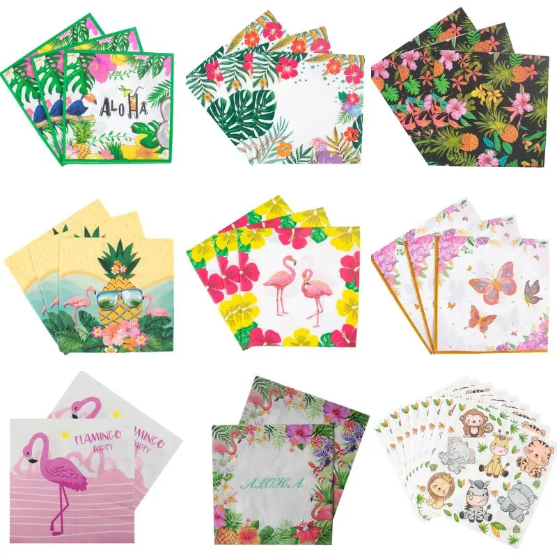 20pcs Flamingo Paper Napkin Summer Tropical Party Wedding Decoration Parrot Green Leaves Napkin Hawaii Bachelorette Party Decor