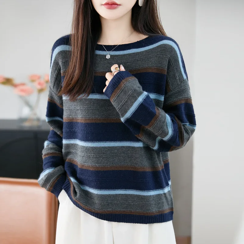 Women's Multicolor Striped Knit Sweater, Boat Neck Long Sleeve Loose Fit Pullover, Casual Soft Knitwear for Fall & Winter