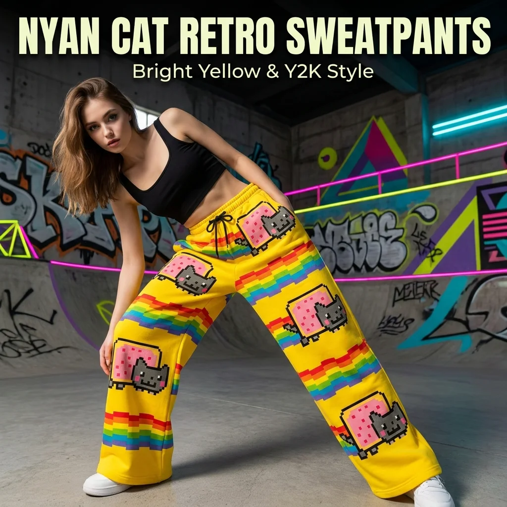 Yellow Nyan Cat Sweatpants Y2k Pants Baggy Women Elastic Waist Streetwear American Vintage Joggings Casual Pants Women Clothing
