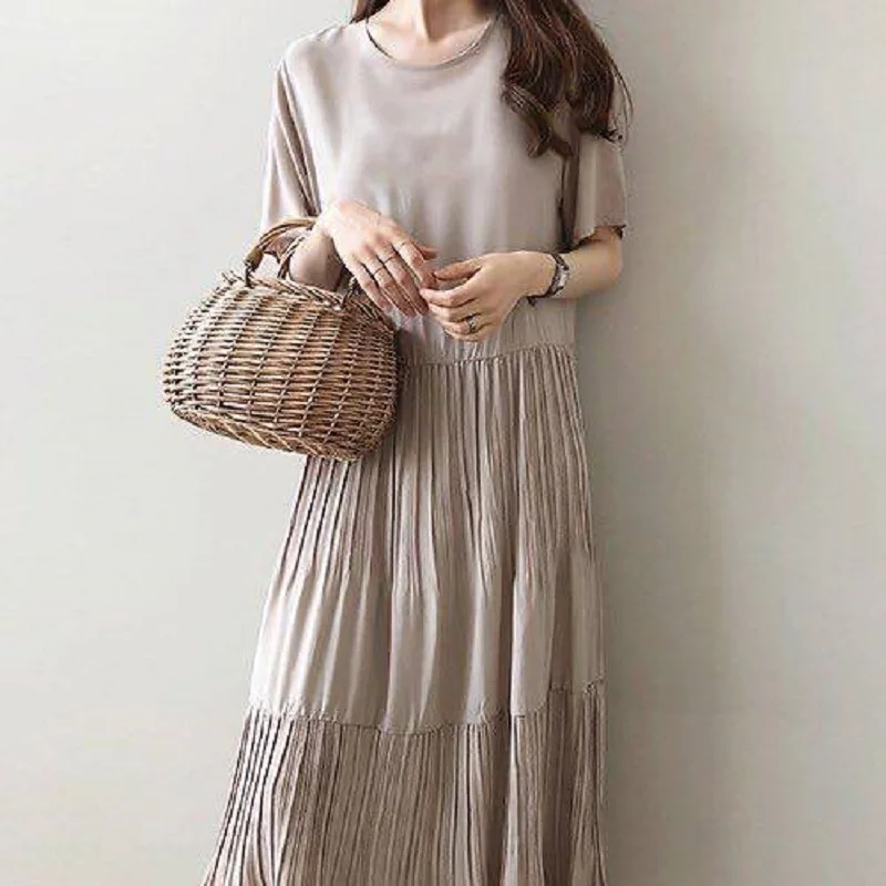 

Summer Womens Cotton And Linen Solid Round Neck Loose Pleated Long Dress