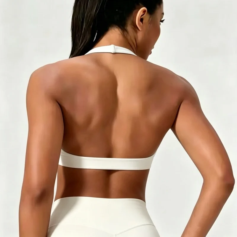 Damen-Sport-BH mit V-Ausschnitt und Halterneck, ultra-elastisch, mit Polsterung, offenem Rücken, Fitness-Tanktop für Yoga, Workout und Activewear – Detail 9