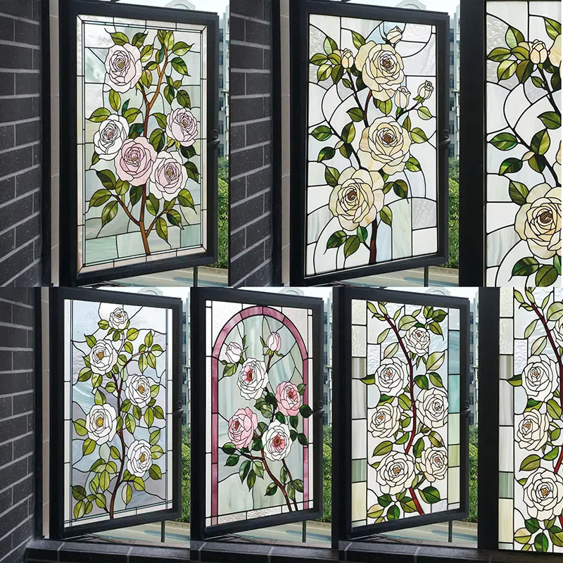 Retro Rose Glass Film Static Cling Self-adhesive Stained Glass Stickers Flower Art Painting Privacy Protection Window Film