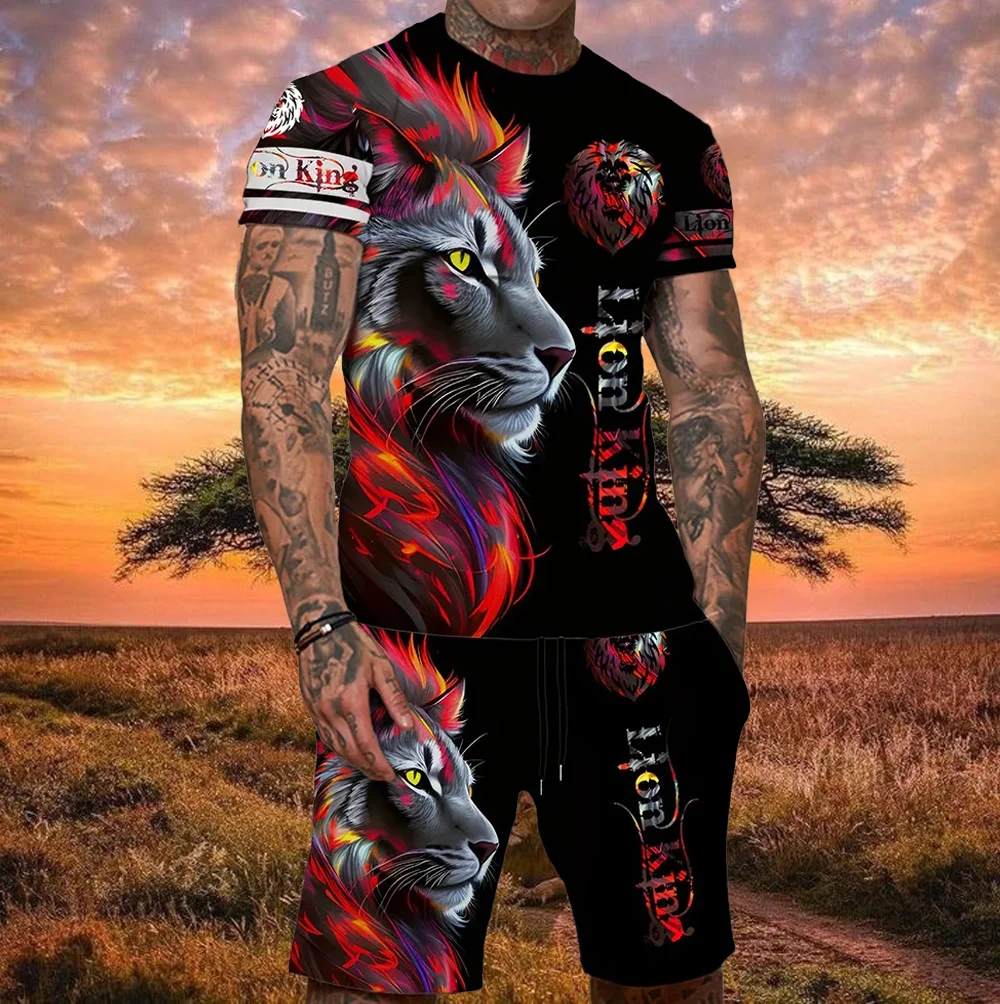 Ferocious Lion Summer Tracksuit Set 3D Printed Casual Men\'s T-shirt Shorts Male Sportswear Short Sleeve 2 Pieces Clothing Outfit