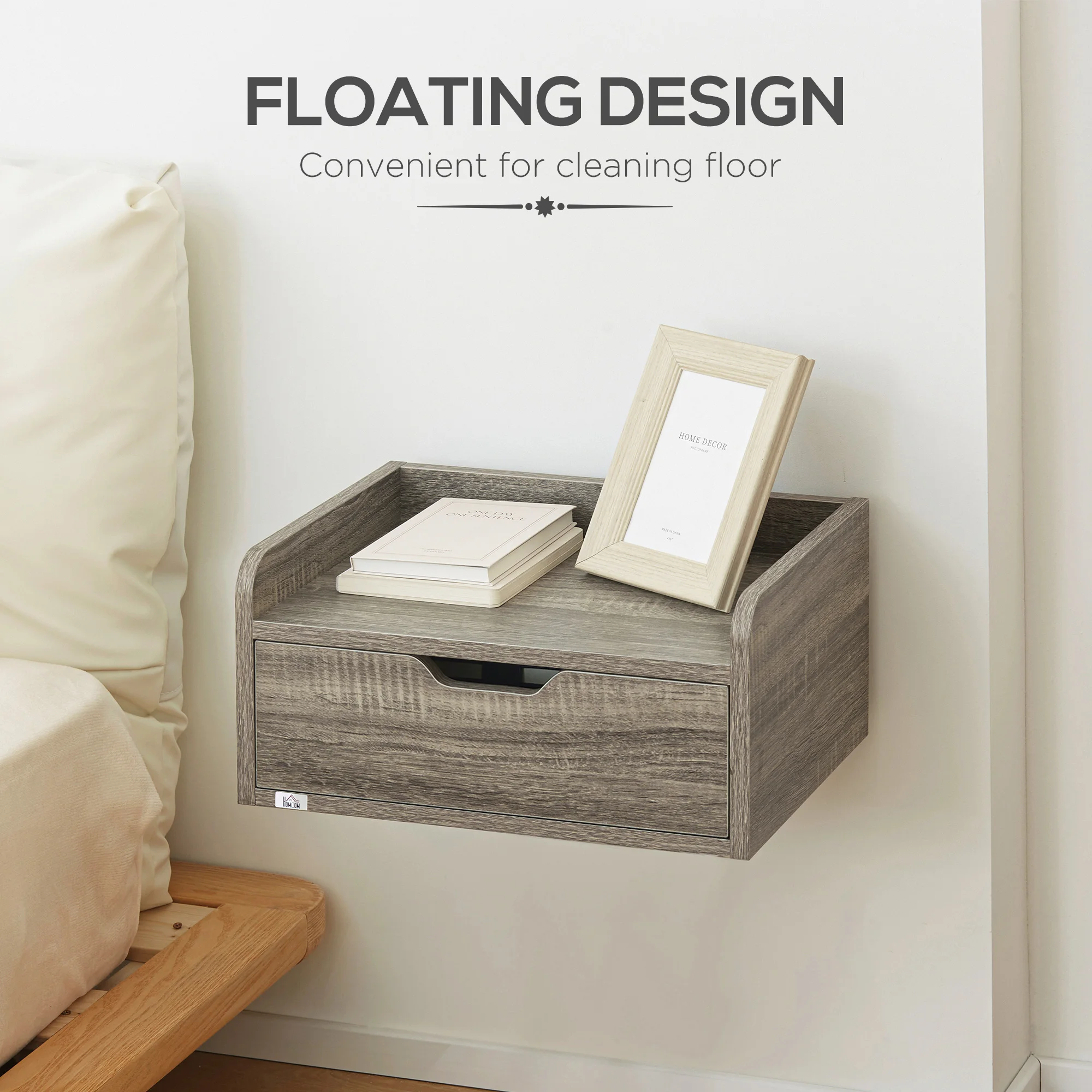 HOMCOM Floating Nightstand Set of 2, Nightstand with Drawer, Grey