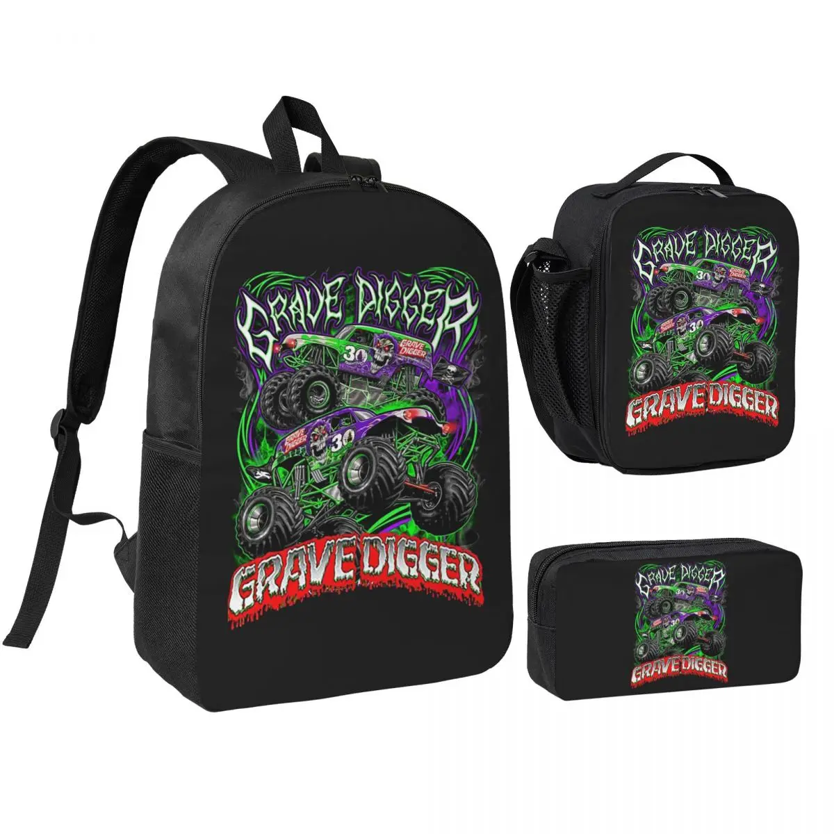 Mochila Monster Jam Grave Digger Monster Truck para niños y niñas, mochila escolar, bolsos de hombro, 3 piezas, bolsa de almuerzo aislada, estuche para lápices