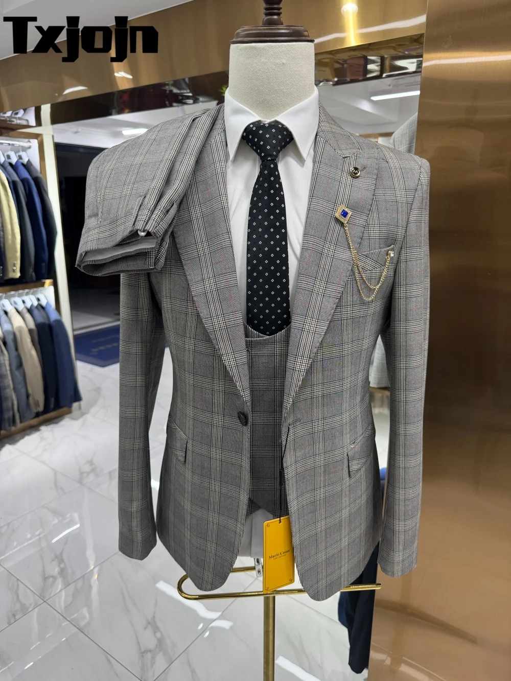 

Gentlemen's Suit Set 3pcs 2025 Elegant Light Plaid Men's Office Suit Handsome Groomsmen Suitable For Formal Occasions Wedding