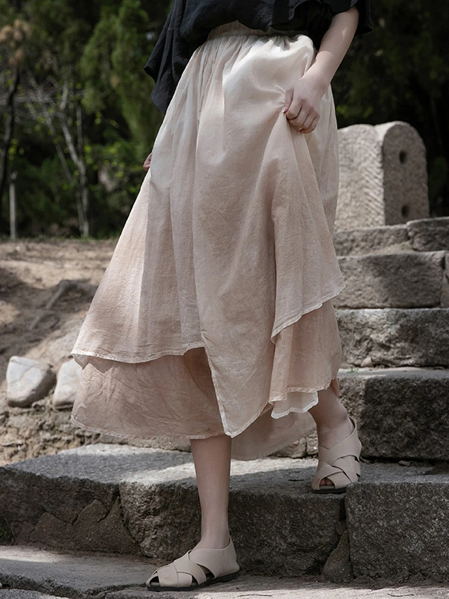 Artistic Cotton Linen Skirt Khaki Asymmetrical Hand Spray Dyeing Large Swing Half Skirt Summer New Arrival Breathable Skin-Fr...
