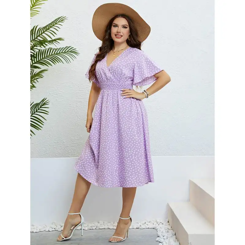 

Summer Casual Women's Dress plus Size V-Neck Short Sleeve Street Style mid Waist Princess Skirt Fit And Flare Polyester Fiber