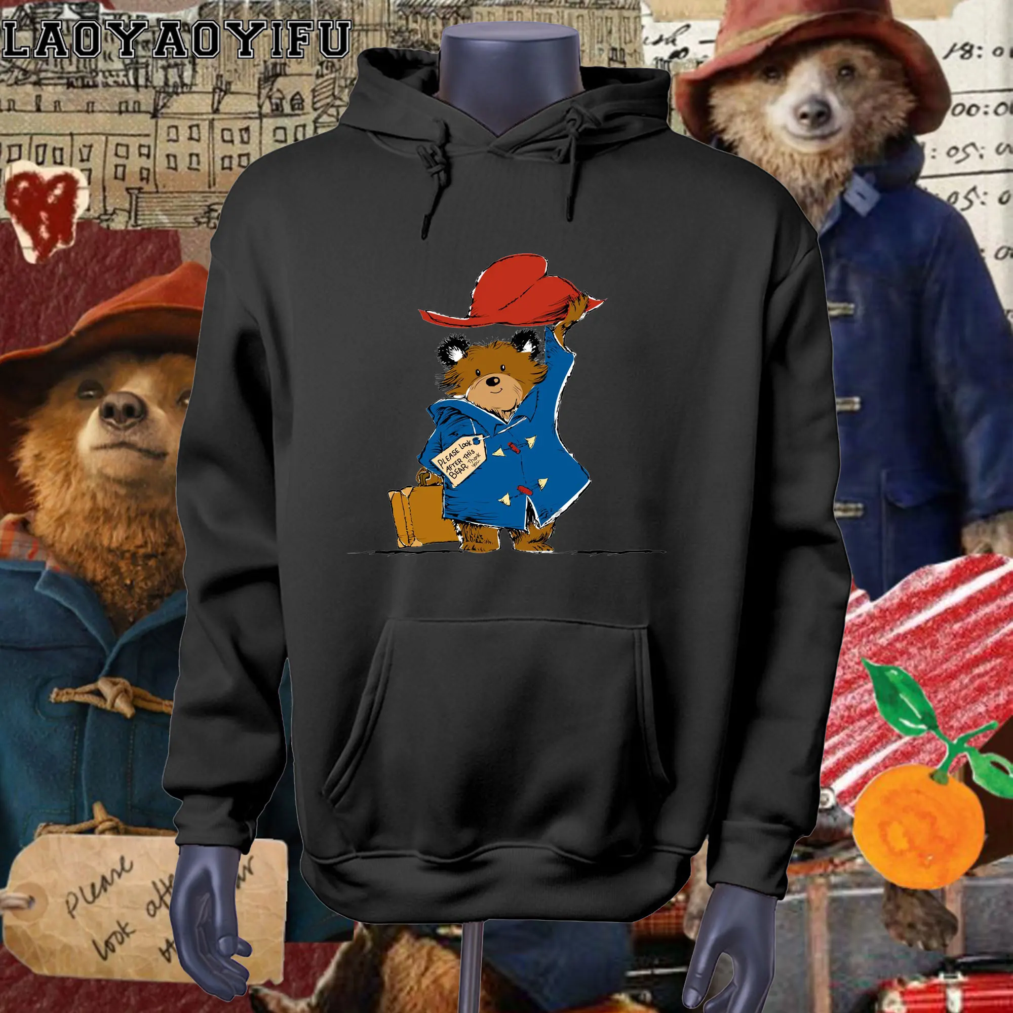 Cartoon Paddington Bear London Printed Long-sleeve Hoodie for Women Casual Everyday Autumn/winter Season Hoodies Unisex Clothing