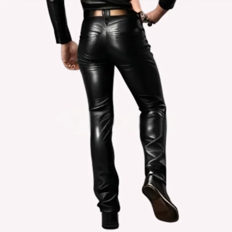 Men Classic Black Leather Pants Low Waist PU Stretch Bodycon Trousers with Pocket Man PVC Nightclub Costume Custom New Clubwear