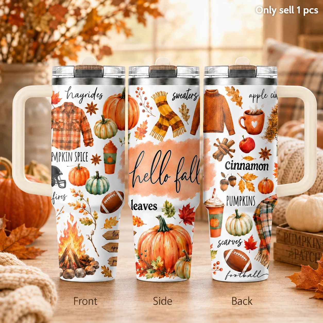 Hello Fall Pumpkin Spice Season Vacuum Flasks 40oz 3rd Gen Vacuum Insulated Stainless Steel Tumbler Cup With Handle Straw Lid