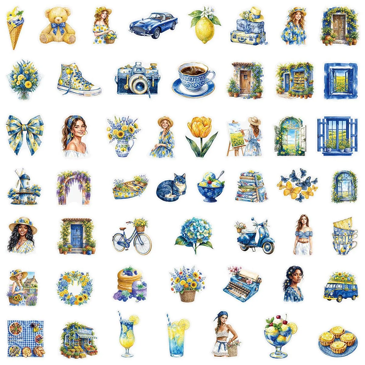 50Pcs Blue Yellow Watercolor Country Transparent PET Stickers for Phone Case Journal Skateboard Helmet Reward DIY Decor Decals